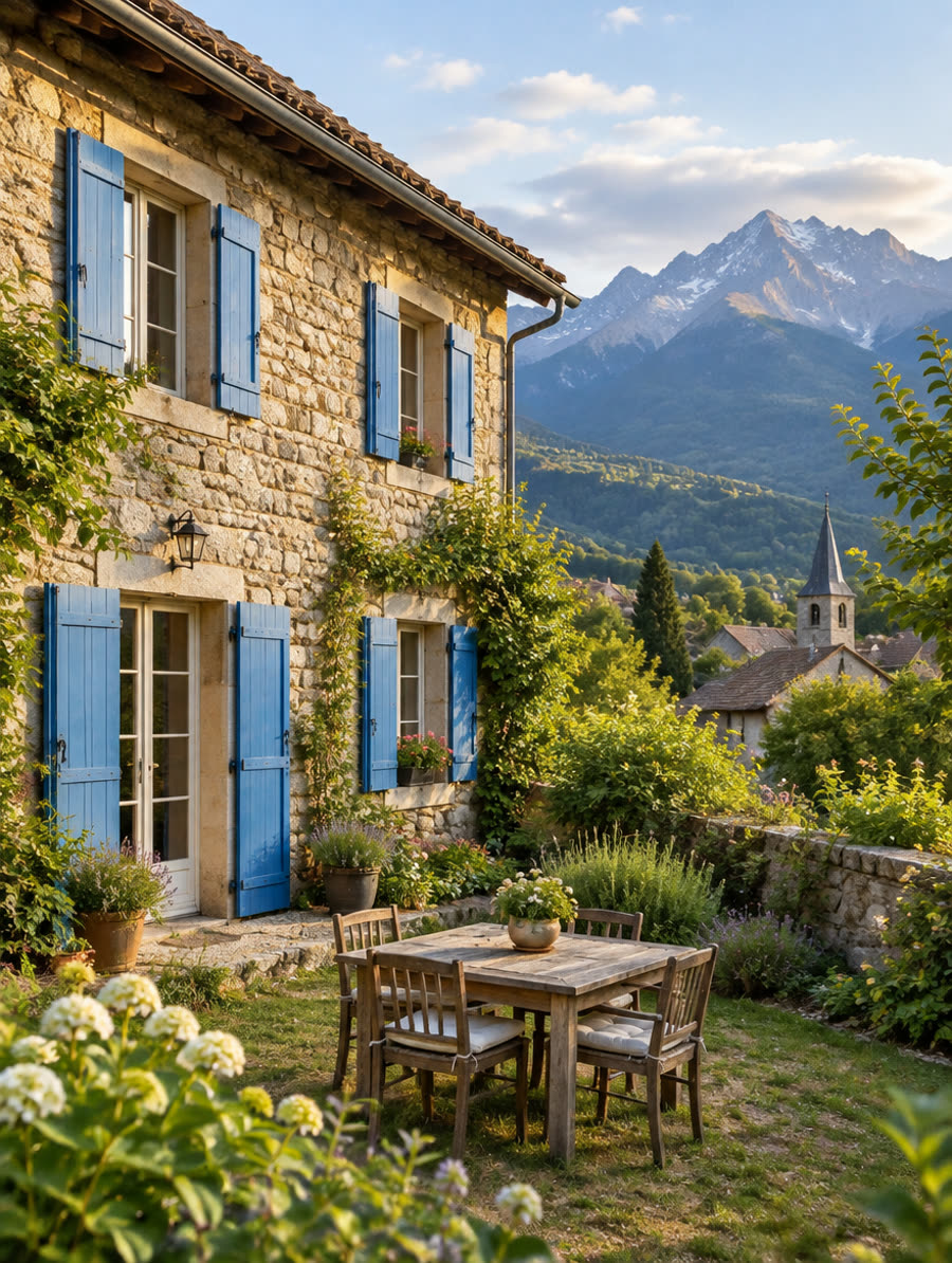 La façade d'une maison d'hôtes aux volets bleus